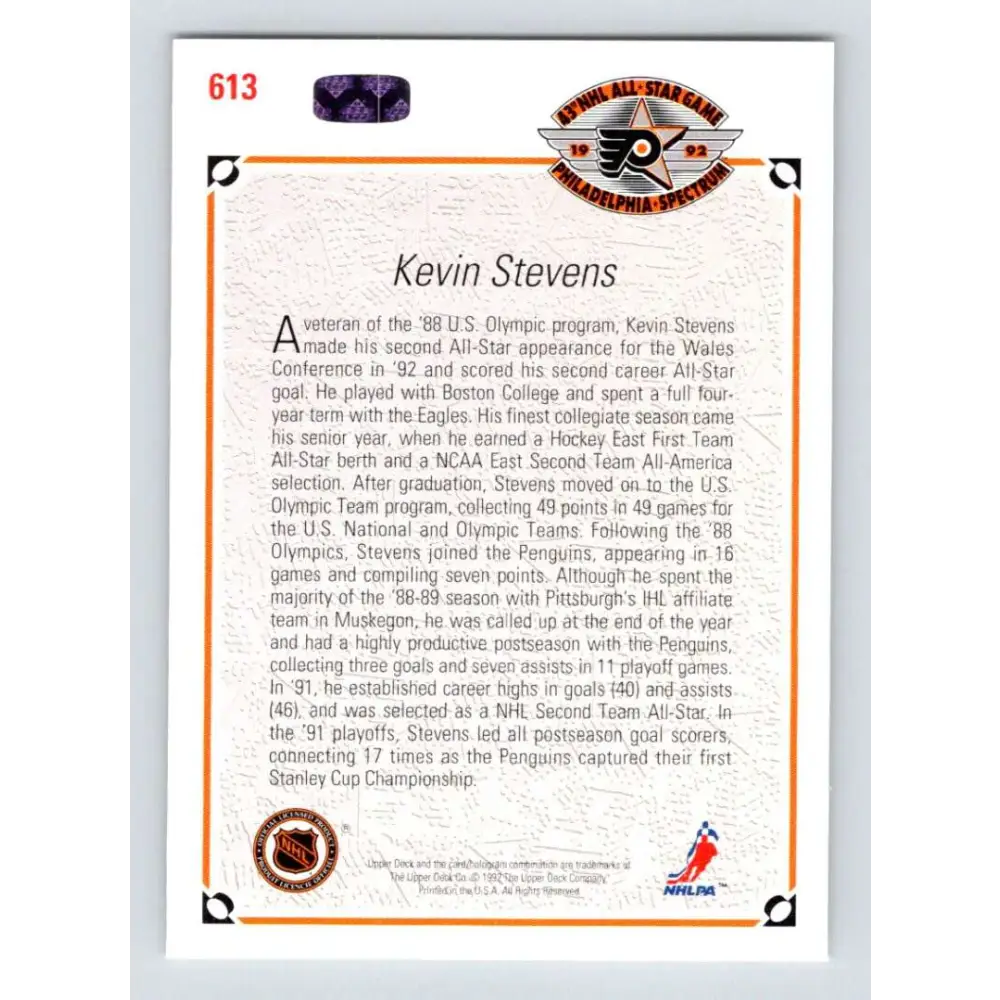 1991-92 Upper Deck #613 Kevin Stevens AS NM-MT Pittsburgh Penguins Hockey Card Image 2