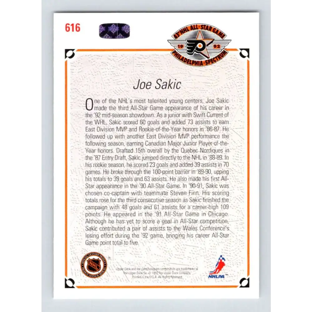 1991-92 Upper Deck #616 Joe Sakic NM-MT Quebec Nordiques Hockey Card Image 2