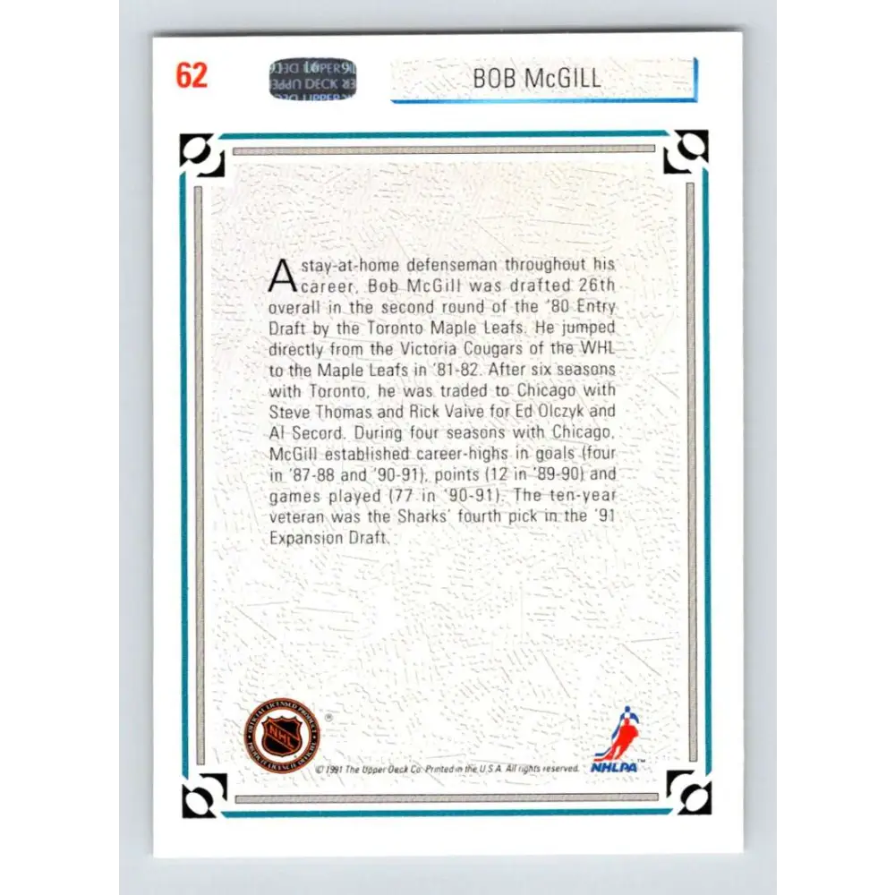 1991-92 Upper Deck #62 Bob McGill NM-MT Hockey Card Image 2