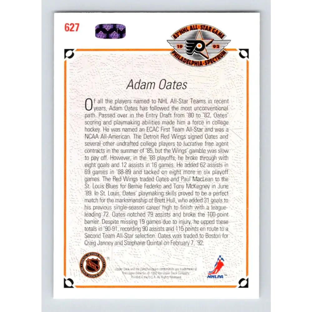 1991-92 Upper Deck #627 Adam Oates NM-MT St. Louis Blues Hockey Card Image 2