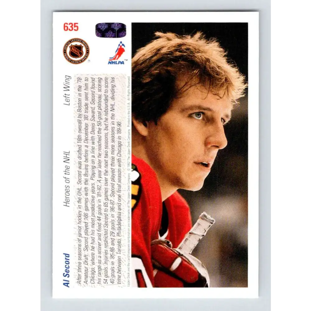 1991-92 Upper Deck #635 Al Secord NM-MT Hockey Card Image 2