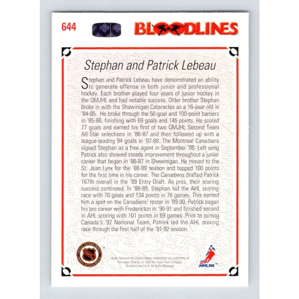 1991-92 Upper Deck #644 Patrick/Stephan Lebeau NM-MT Montreal Canadiens Hockey Card Image 2