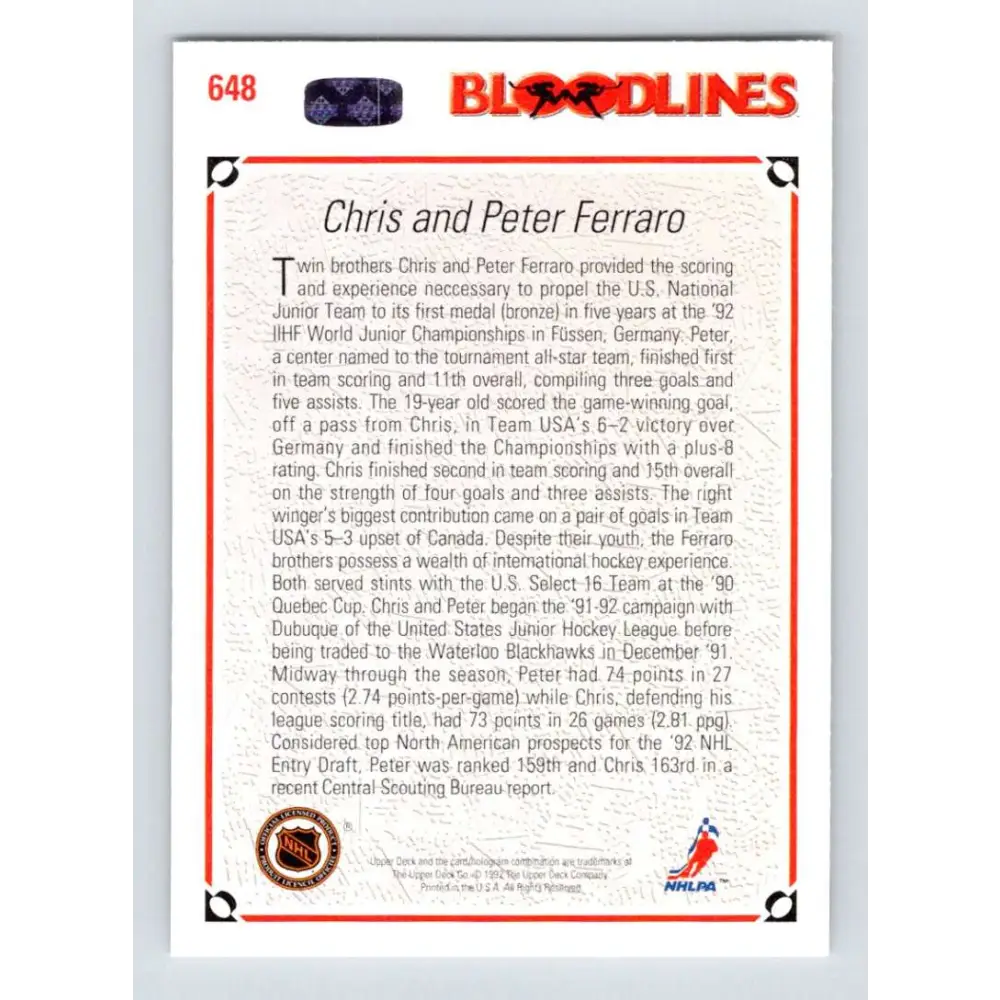 1991-92 Upper Deck #648 Peter Ferraro/Chris Ferraro NM-MT Hockey Card Image 2