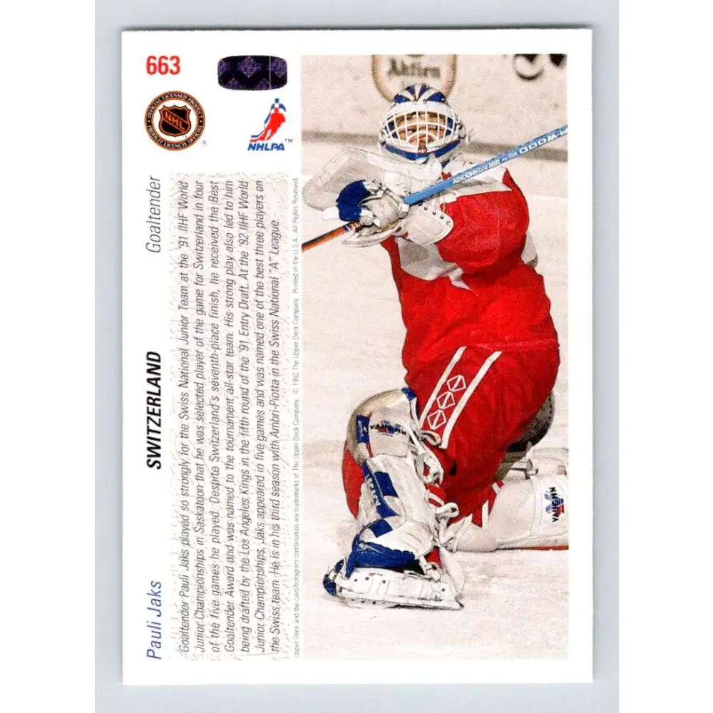 1991-92 Upper Deck #663 Pauli Jaks NM-MT RC Rookie Hockey Card Image 2