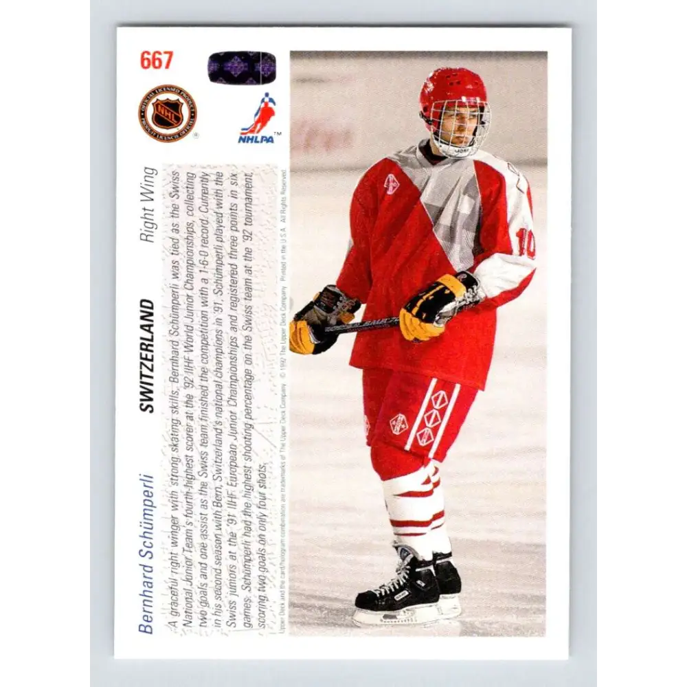1991-92 Upper Deck #667 Bernhard Schumperli NM-MT RC Rookie Hockey Card Image 2