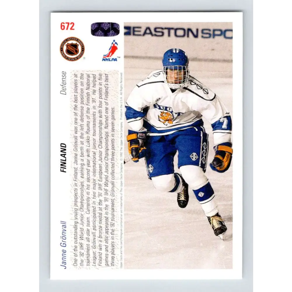 1991-92 Upper Deck #672 Janne Gronvall NM-MT RC Rookie Hockey Card Image 2