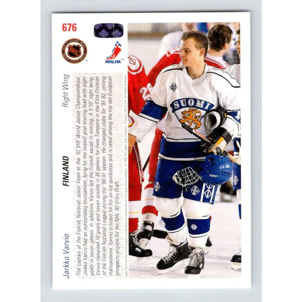 1991-92 Upper Deck #676 Jarkko Varvio NM-MT RC Rookie Hockey Card Image 2