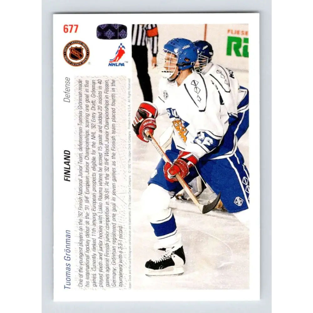 1991-92 Upper Deck #677 Tomas Gronman NM-MT RC Rookie Hockey Card Image 2