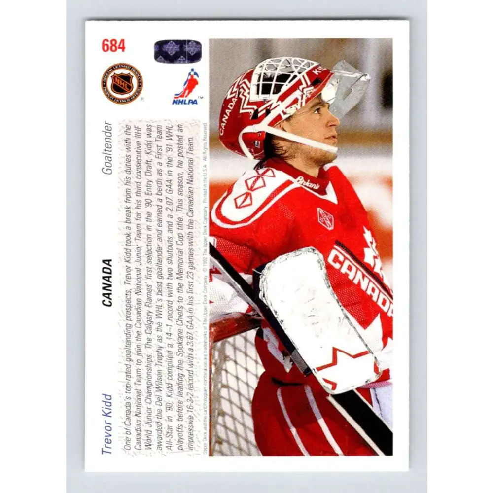 1991-92 Upper Deck #684 Trevor Kidd NM-MT RC Rookie Calgary Flames Hockey Card Image 2