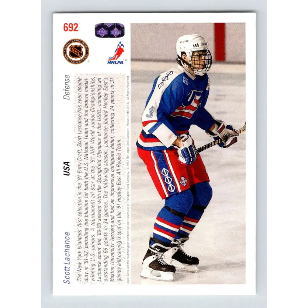 1991-92 Upper Deck #692 Scott Lachance NM-MT RC Rookie New York Islanders Hockey Card Image 2