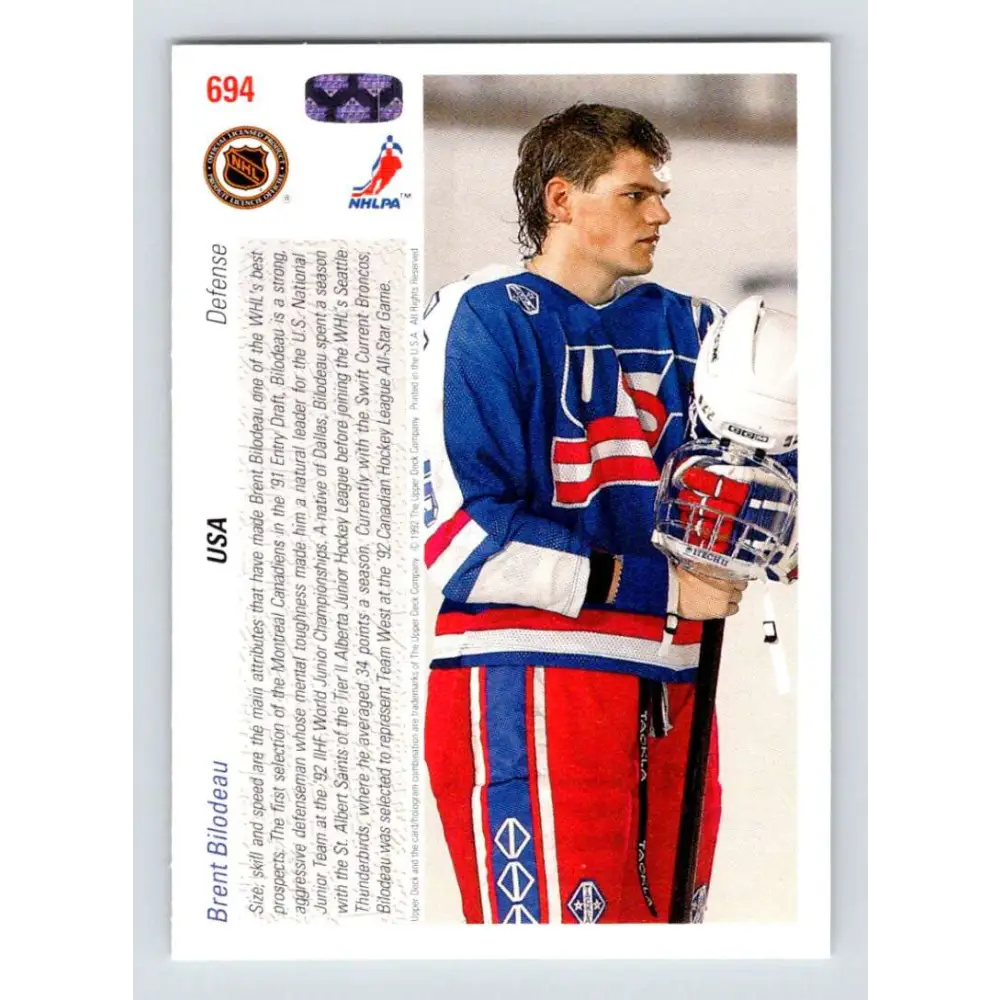 1991-92 Upper Deck #694 Brent Bilodeau NM-MT RC Rookie Hockey Card Image 2