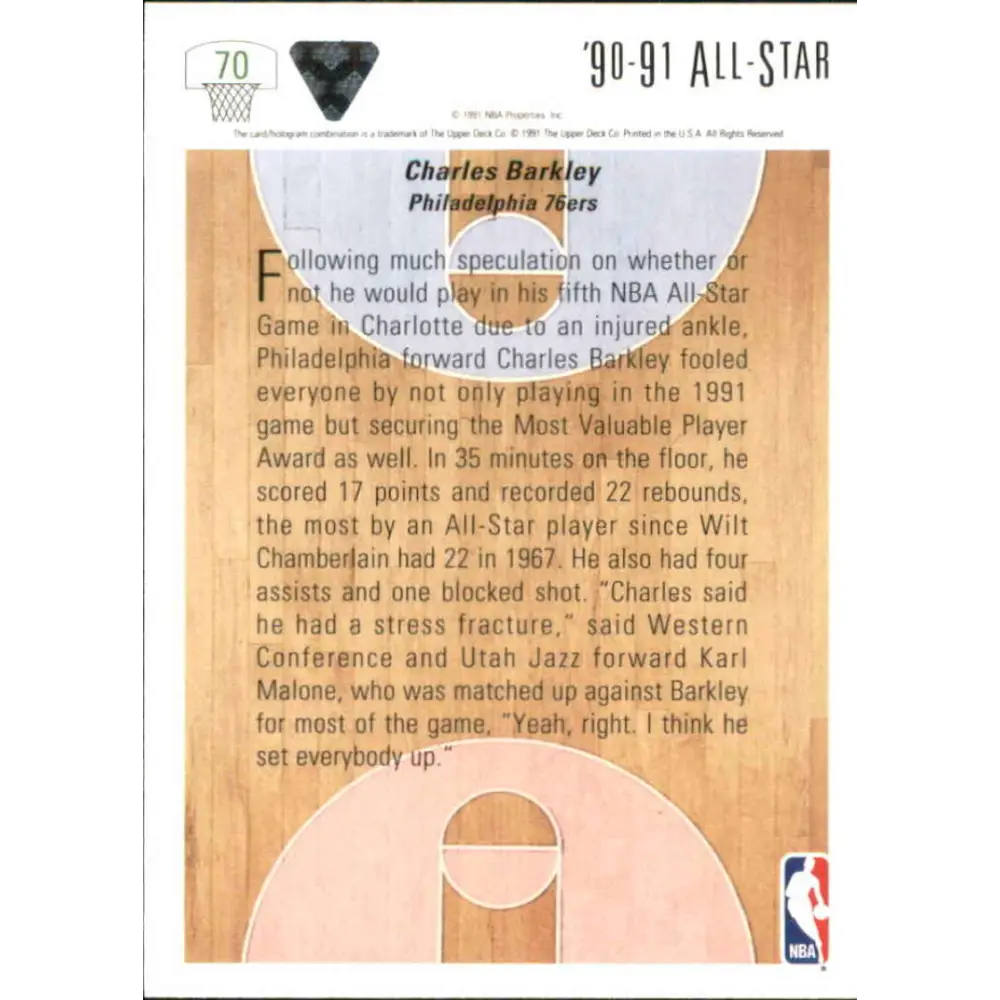 1991-92 Upper Deck #70 Charles Barkley AS NM-MT Philadelphia 76ers Basketball Card Image 2