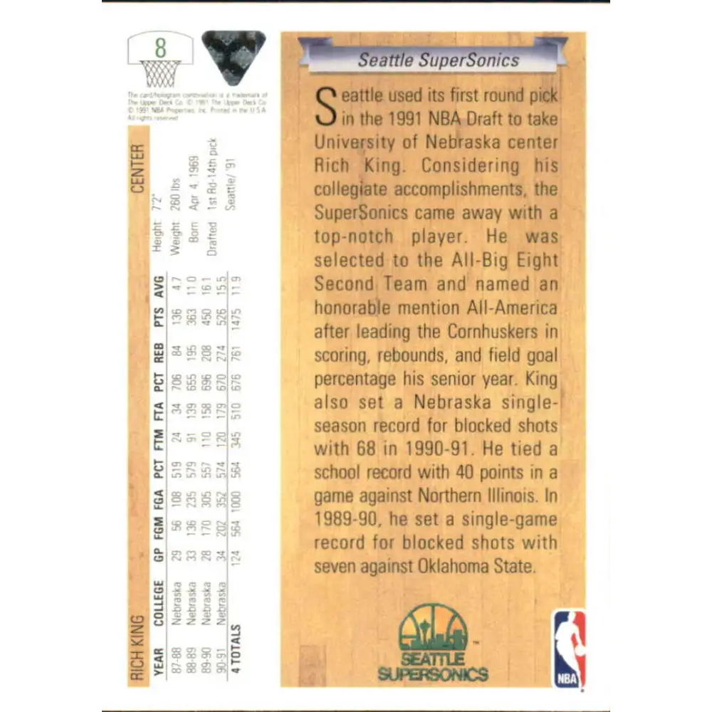 1991-92 Upper Deck #8 Rich King NM-MT RC Rookie Seattle SuperSonics Basketball Card Image 2