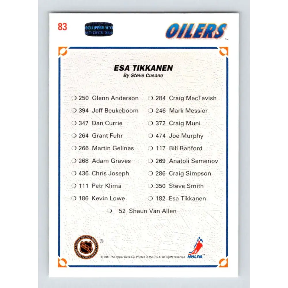 1991-92 Upper Deck #83 Esa Tikkanen NM-MT Edmonton Oilers Hockey Card Image 2