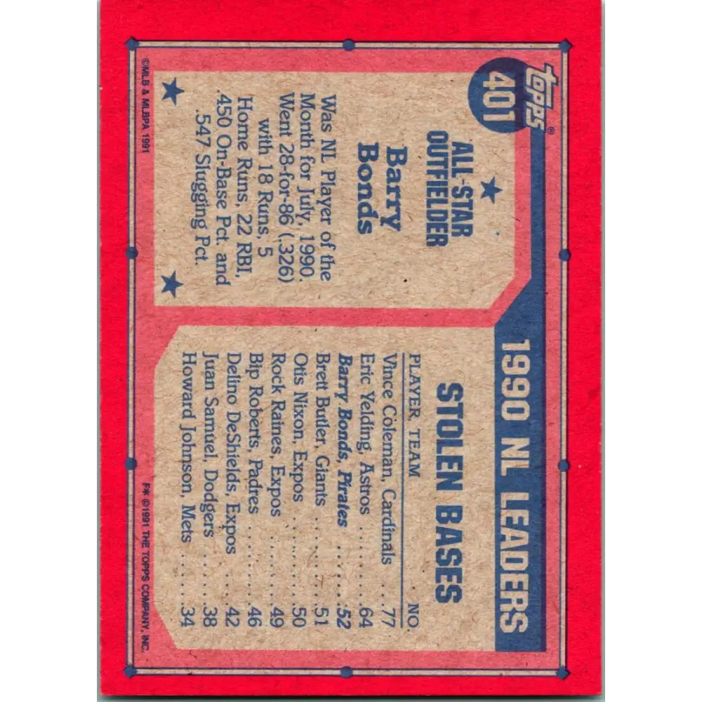 1991 Topps #401 Barry Bonds NM-MT Pittsburgh Pirates Baseball Card Image 2