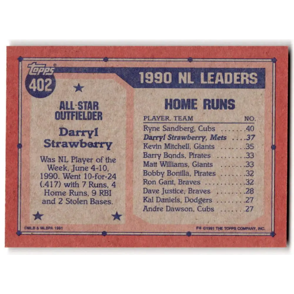 1991 Topps #402 Darryl Strawberry NM-MT New York Mets Baseball Card Image 2