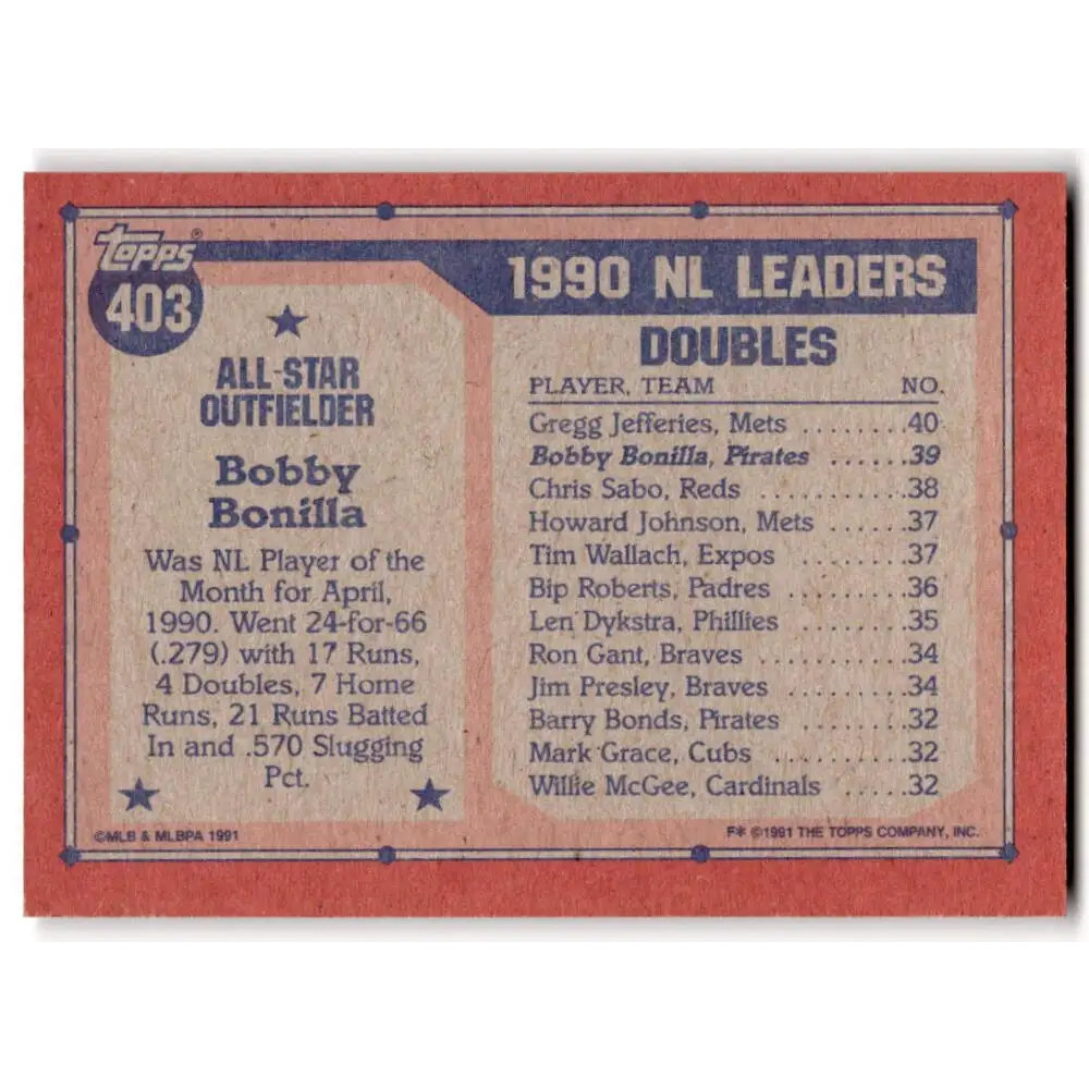 1991 Topps #403 Bobby Bonilla NM-MT Pittsburgh Pirates Baseball Card Image 2