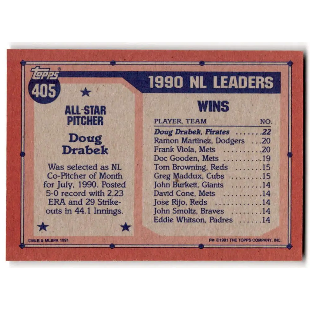 1991 Topps #405 Doug Drabek NM-MT Pittsburgh Pirates Baseball Card Image 2