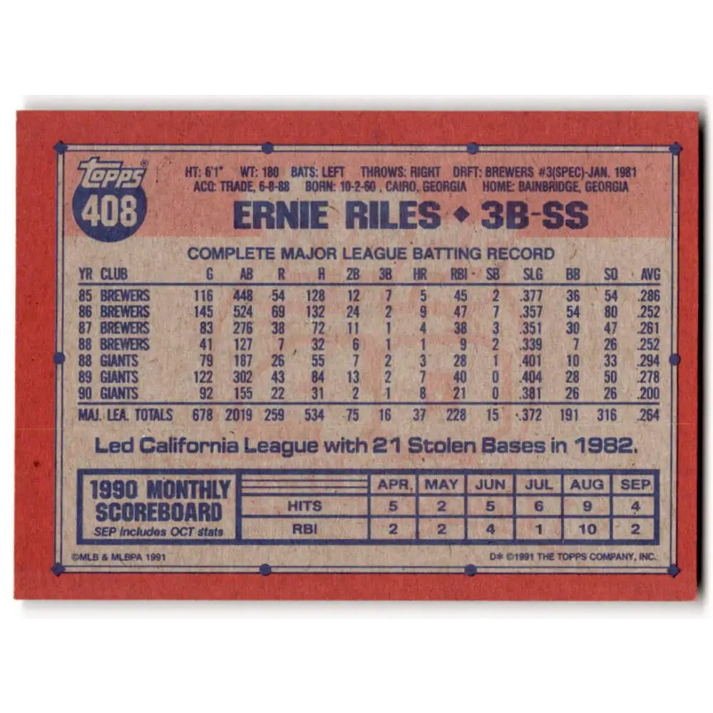 1991 Topps #408 Ernest Riles NM-MT San Francisco Giants Baseball Card Image 2