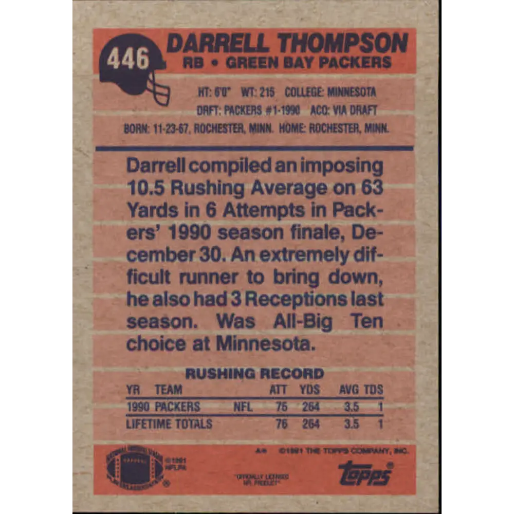 1991 Topps #446 Darrell Thompson NM-MT Green Bay Packers Football Card Image 2