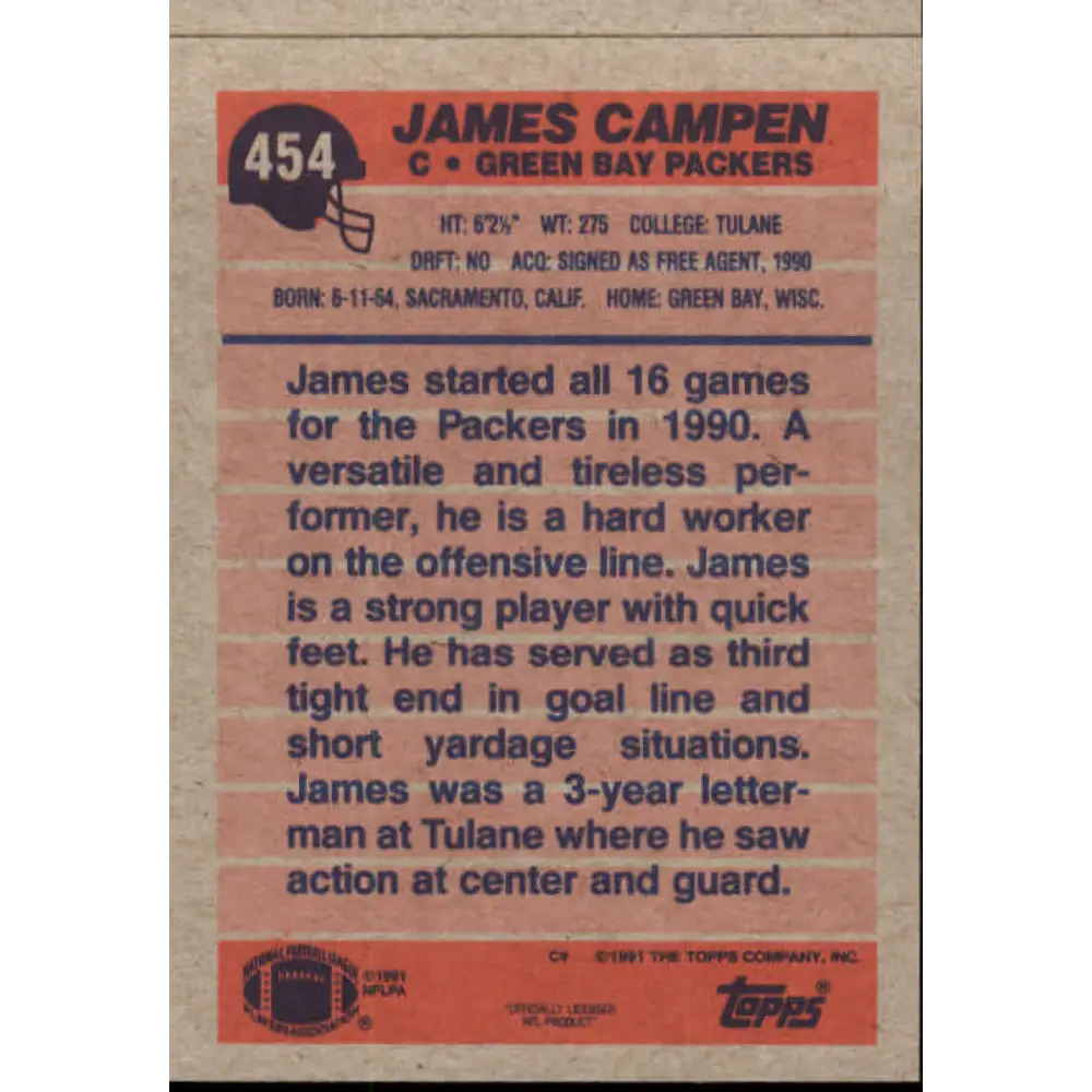1991 Topps #454 James Campen NM-MT RC Rookie Green Bay Packers Football Card Image 2