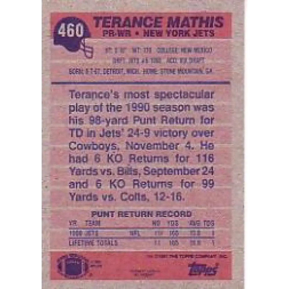 1991 Topps #462 Terance Mathis NM-MT New York Jets Football Card Image 2