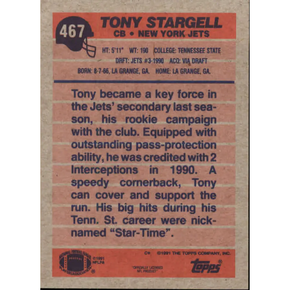 1991 Topps #467 Tony Stargell NM-MT RC Rookie New York Jets Football Card Image 2