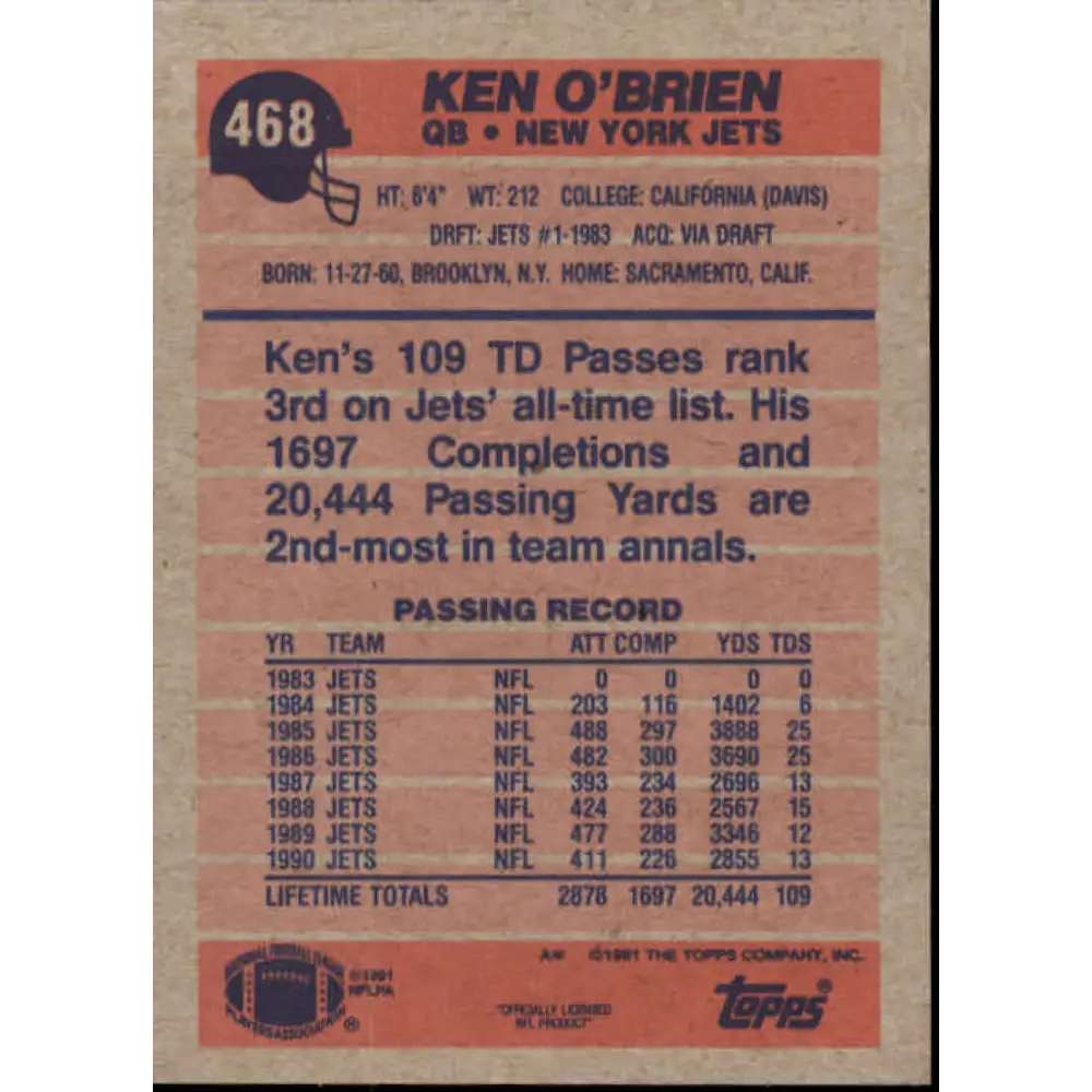 1991 Topps #468 Ken O'Brien NM-MT New York Jets Football Card Image 2