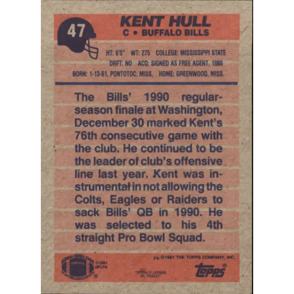 1991 Topps #47 Kent Hull NM-MT Buffalo Bills Football Card Image 2