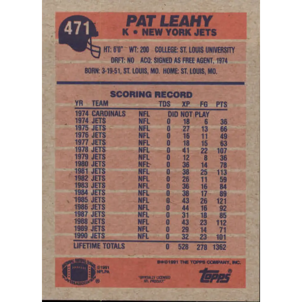 1991 Topps #471 Pat Leahy NM-MT New York Jets Football Card Image 2