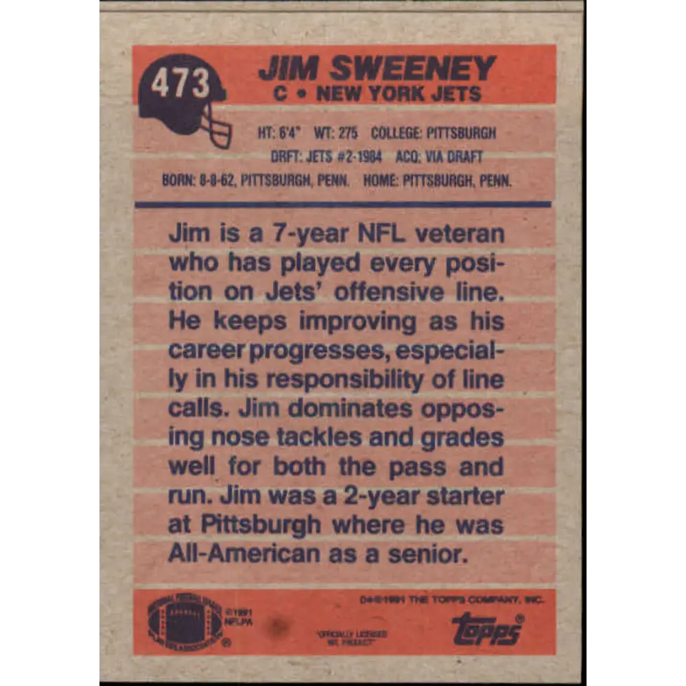 1991 Topps #473 Jim Sweeney NM-MT New York Jets Football Card Image 2