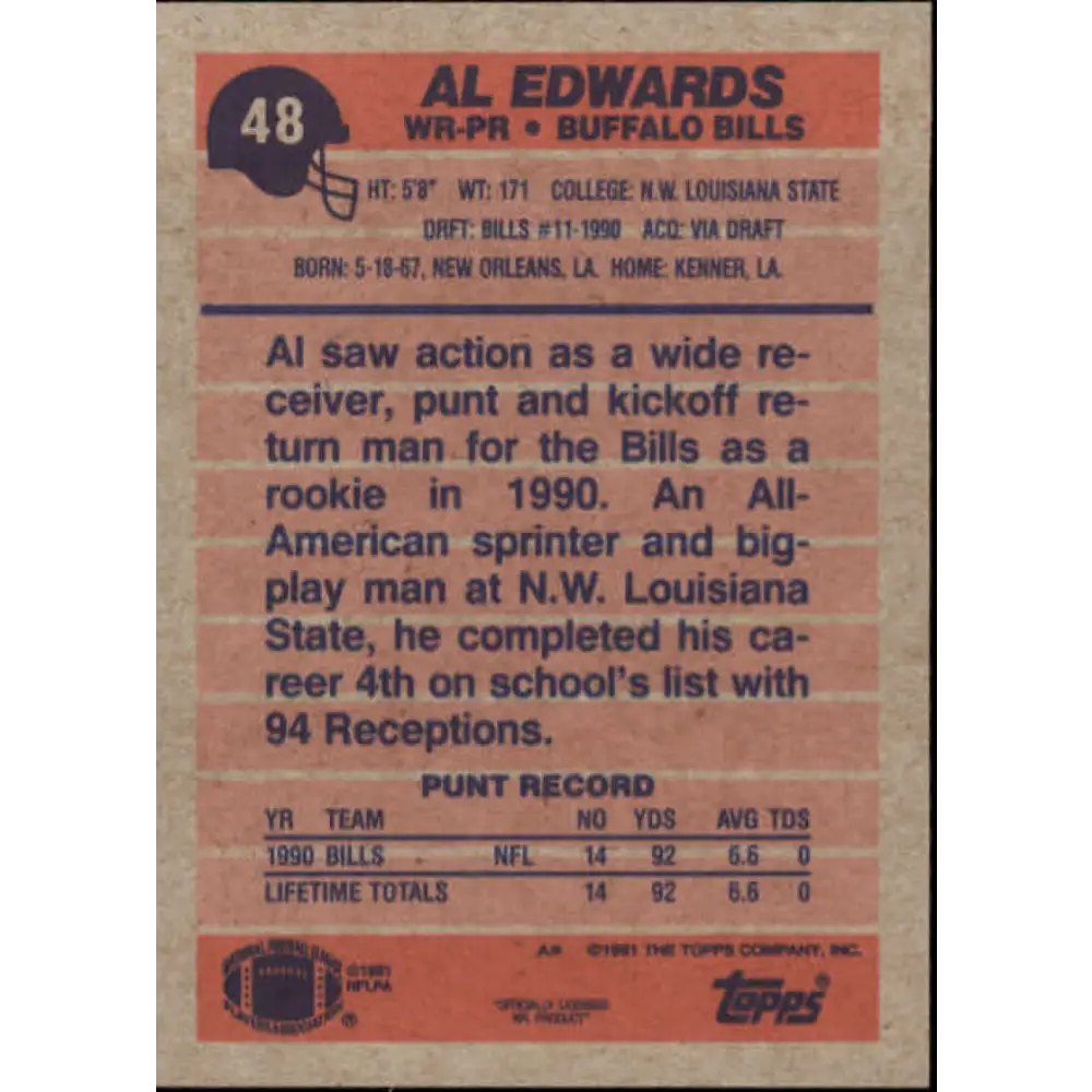 1991 Topps #48 Al Edwards NM-MT RC Rookie Buffalo Bills Football Card Image 2