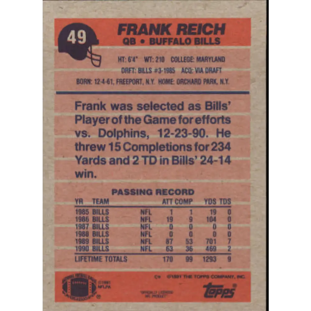 1991 Topps #49 Frank Reich NM-MT Buffalo Bills Football Card Image 2