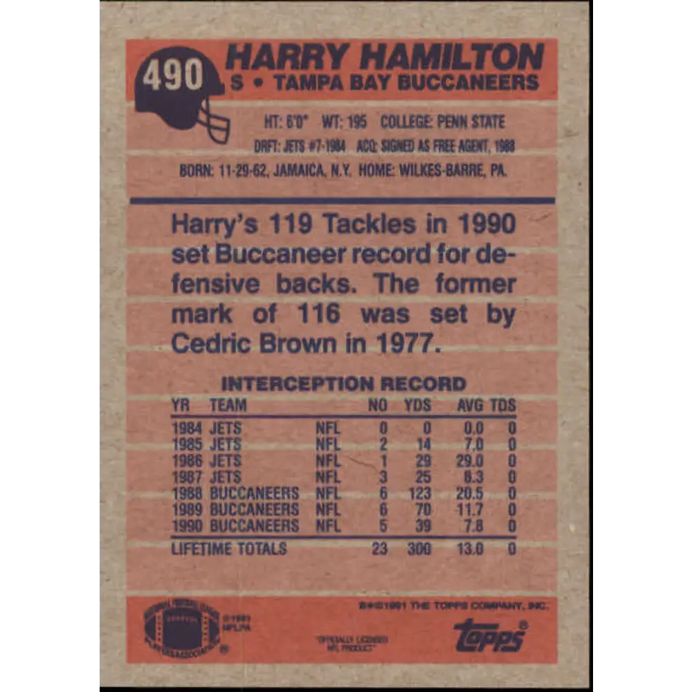 1991 Topps #490 Harry Hamilton NM-MT Tampa Bay Buccaneers Football Card Image 2