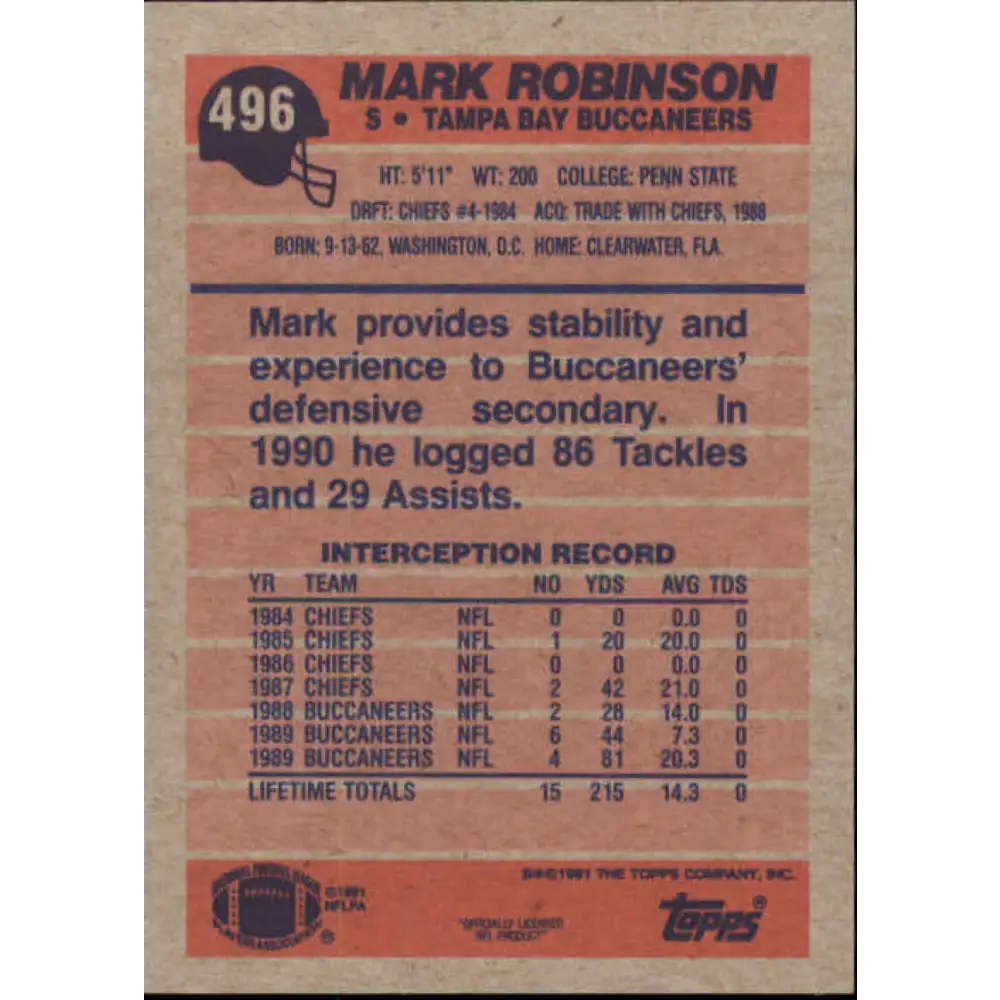 1991 Topps #496 Mark Robinson NM-MT Tampa Bay Buccaneers Football Card Image 2