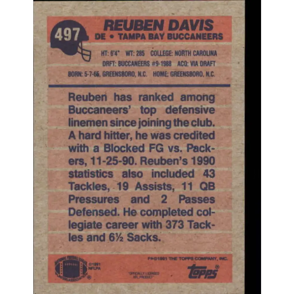 1991 Topps #497 Reuben Davis NM-MT Tampa Bay Buccaneers Football Card Image 2