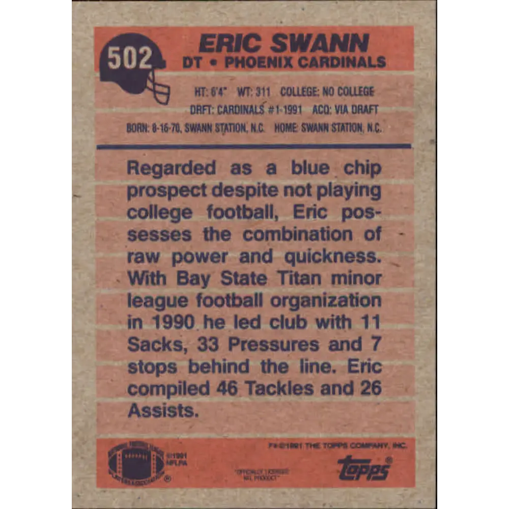 1991 Topps #502 Eric Swann NM-MT RC Rookie Phoenix Cardinals Football Card Image 2