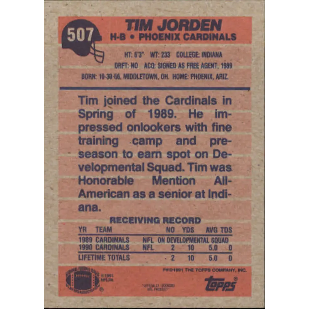 1991 Topps #507 Tim Jorden NM-MT RC Rookie Phoenix Cardinals Football Card Image 2