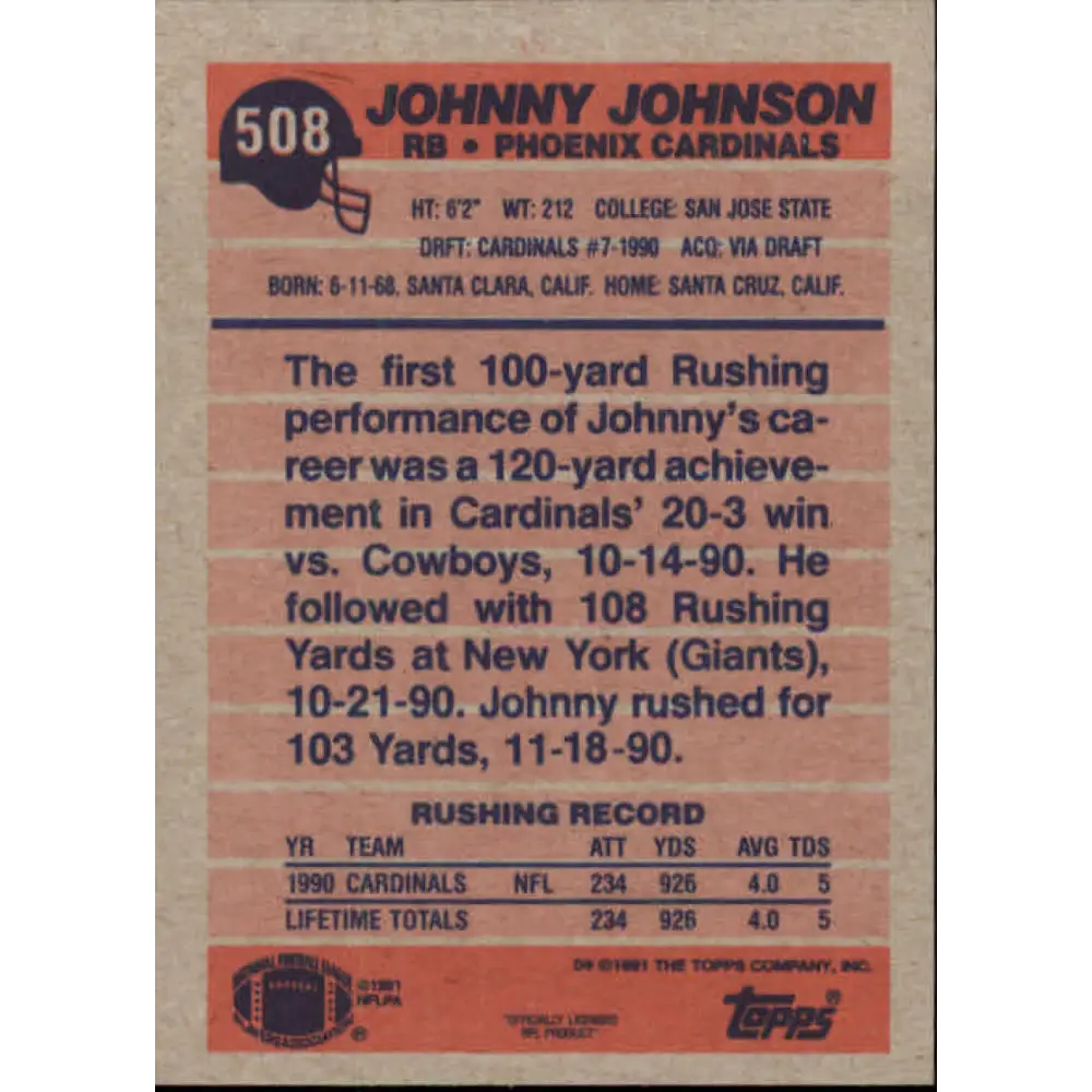 1991 Topps #508 Johnny Johnson NM-MT RC Rookie Phoenix Cardinals Football Card Image 2
