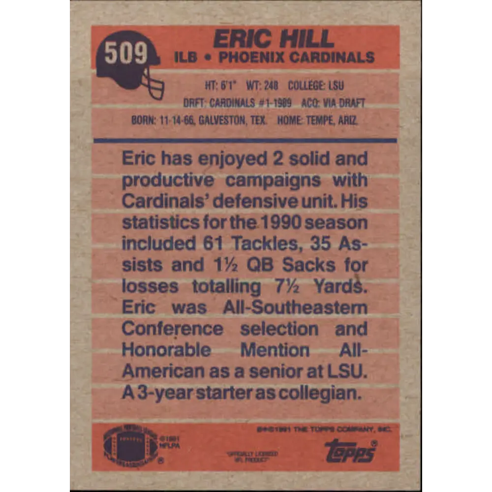 1991 Topps #509 Eric Hill NM-MT Phoenix Cardinals Football Card Image 2