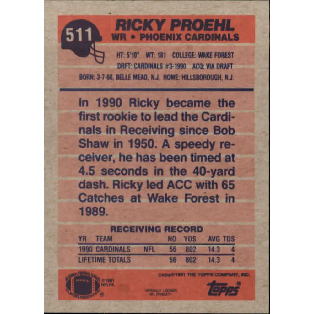 1991 Topps #511 Ricky Proehl NM-MT RC Rookie Phoenix Cardinals Football Card Image 2