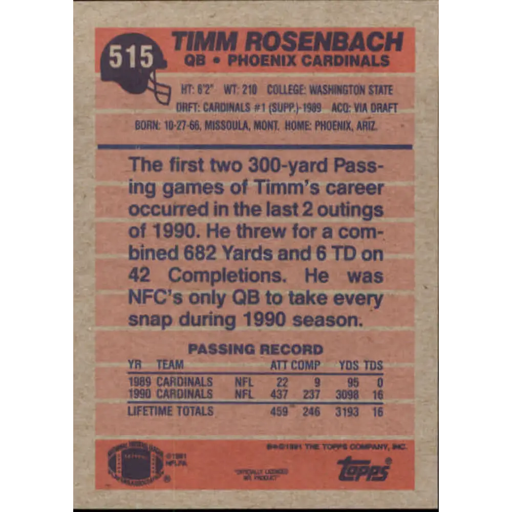 1991 Topps #515 Timm Rosenbach NM-MT Phoenix Cardinals Football Card Image 2