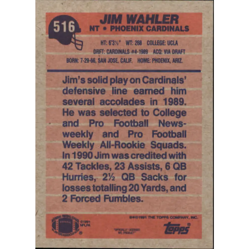 1991 Topps #516 Jim Wahler NM-MT RC Rookie Phoenix Cardinals Football Card Image 2