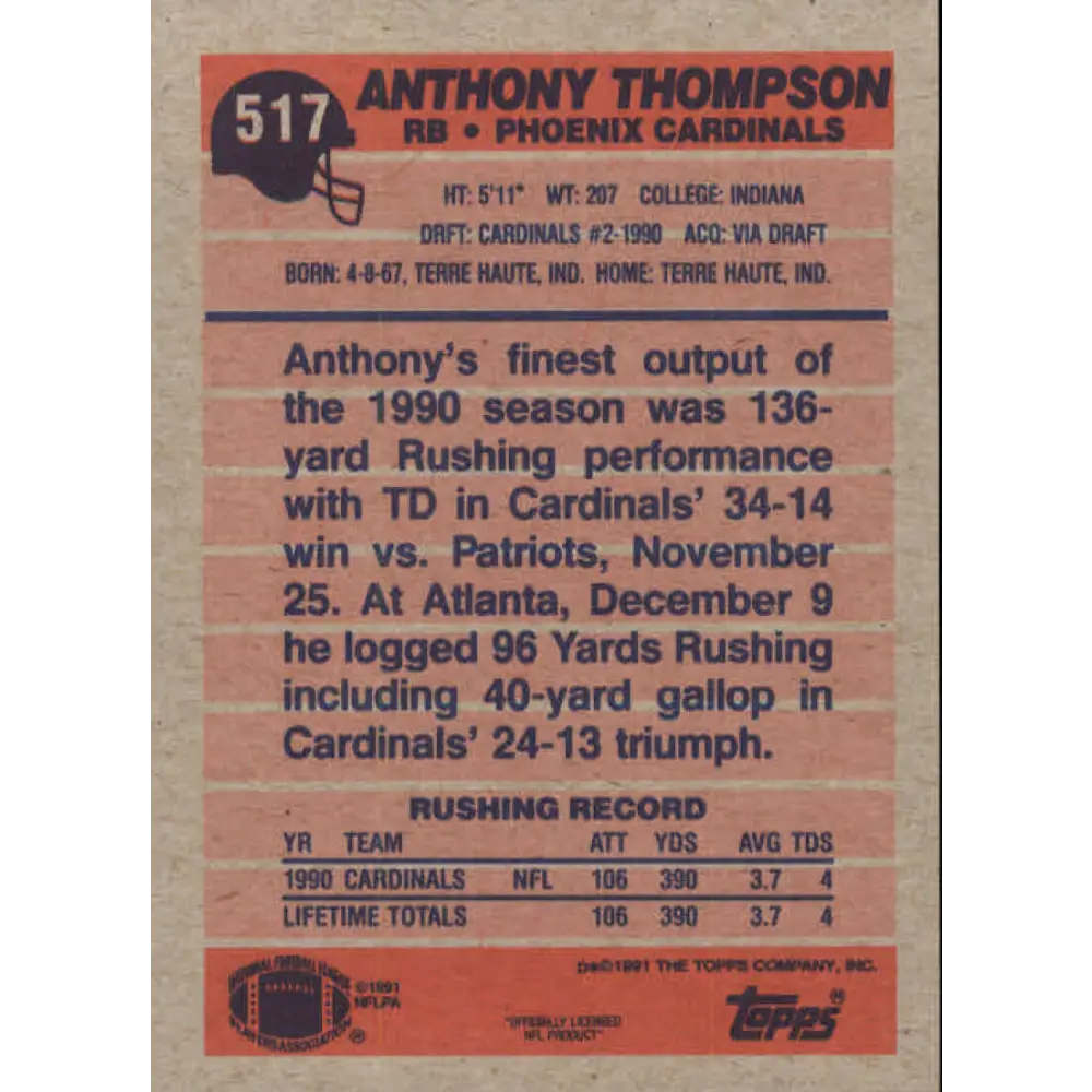 1991 Topps #517 Anthony Thompson NM-MT Phoenix Cardinals Football Card Image 2