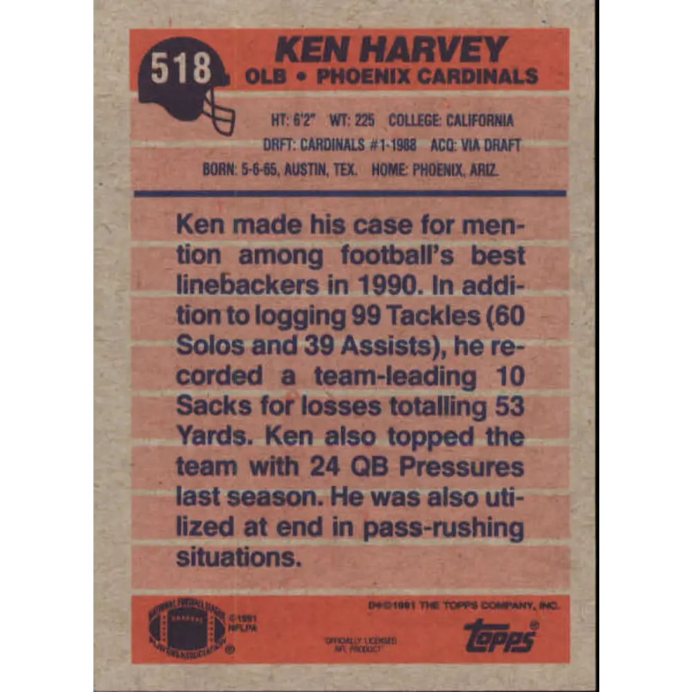 1991 Topps #518 Ken Harvey NM-MT Phoenix Cardinals Football Card Image 2
