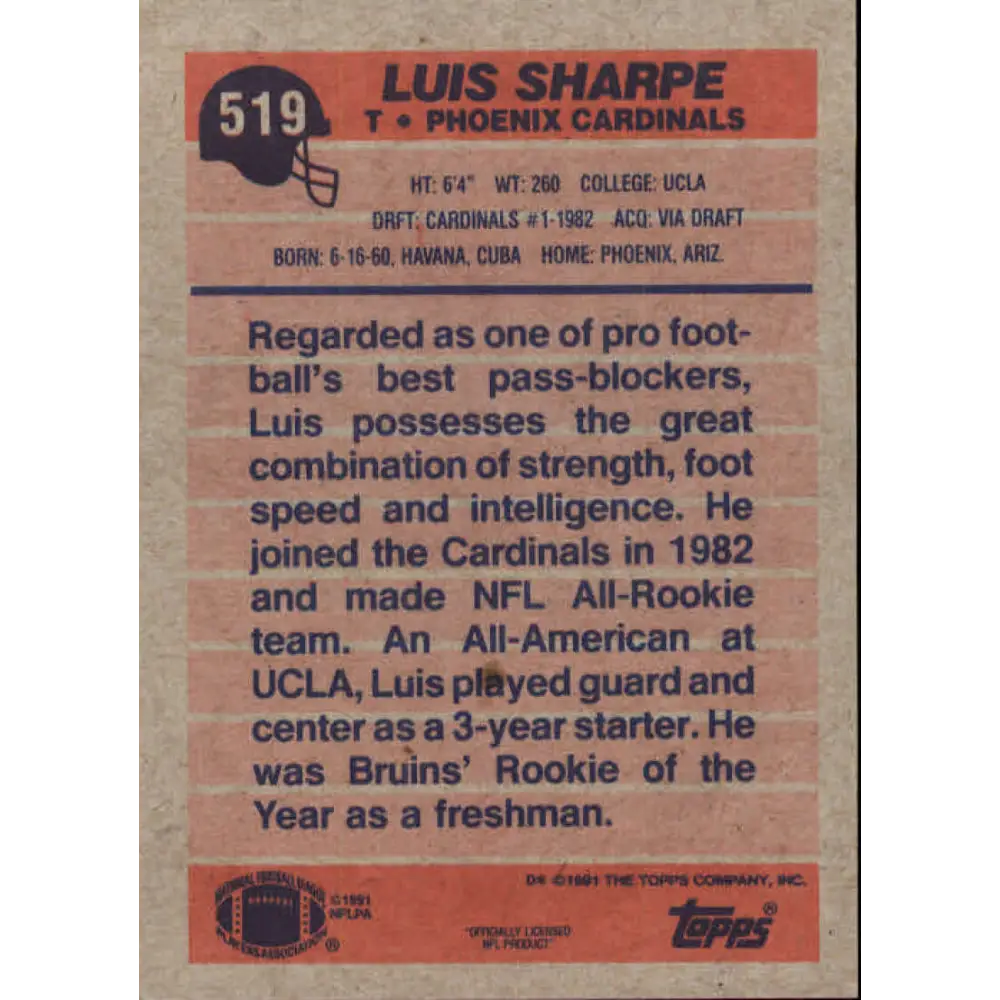 1991 Topps #519 Luis Sharpe NM-MT Phoenix Cardinals Football Card Image 2