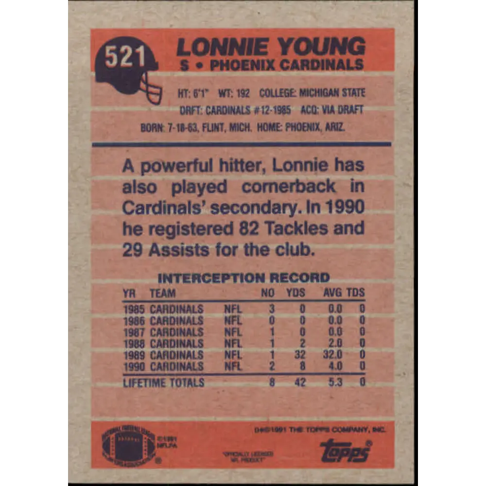 1991 Topps #521 Lonnie Young NM-MT New York Jets Football Card Image 2