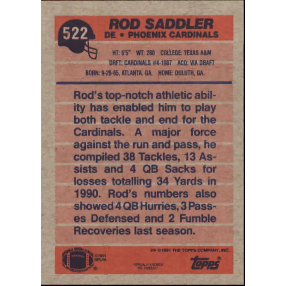 1991 Topps #522 Rod Saddler NM-MT Phoenix Cardinals Football Card Image 2