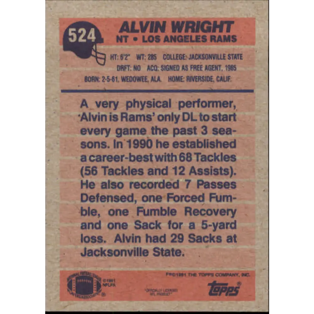 1991 Topps #524 Alvin Wright NM-MT Los Angeles Rams Football Card Image 2