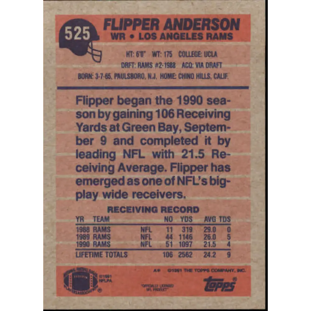 1991 Topps #525 Flipper Anderson NM-MT Los Angeles Rams Football Card Image 2